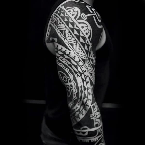 Full Mens Tribal Sleeve Black Ink Tattoo Design