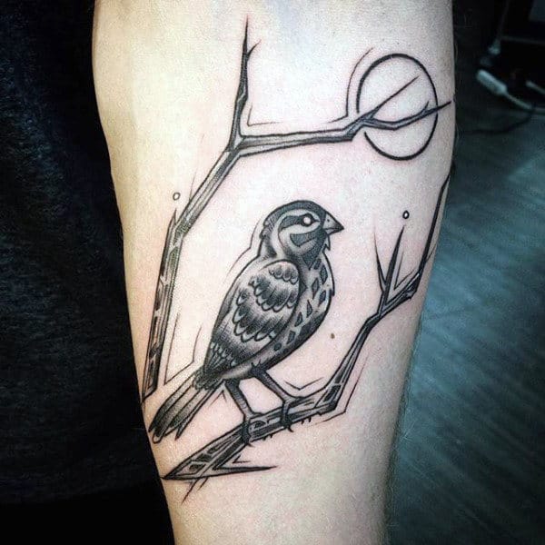 Full Moon And Sparrow On Twig Tattoo Male Forearms