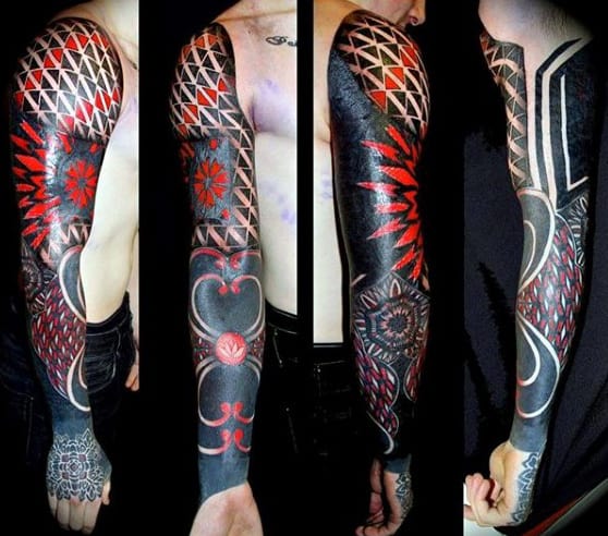 Full Red Ink Mens Sleeve Tattoo Design With Pattern
