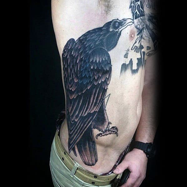 Full Rib Cage Side Crow Bird Mens Traditional Tattoos