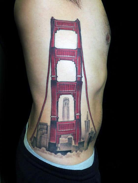 Full Rib Cage Side Golden Gate Bridge Mens Tattoos
