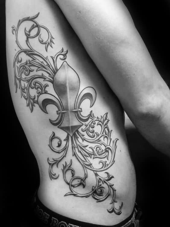Full Rib Cage Side Of Body Male Fleur De Lis Ornate Tattoo Designs