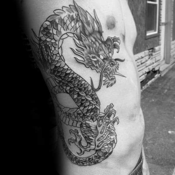 Full Rib Cage Side Traditional Dragon Tattoos For Men