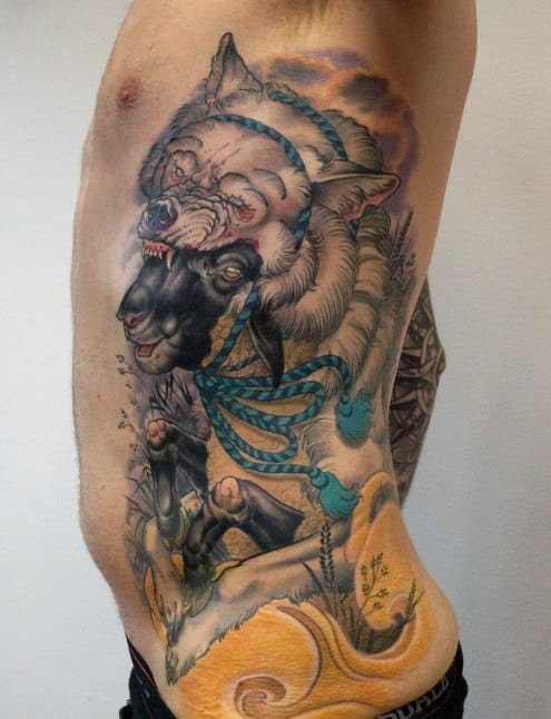 Full Rib Cage Side Wolf In Sheeps Clothing Male Tattoo Designs