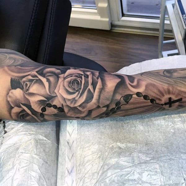 Full Rose Sleeve Rosary Tattoo For Guys