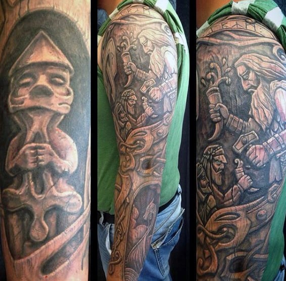 Full Sleeve Amazing Mens Wood Carving Tattoo Designs