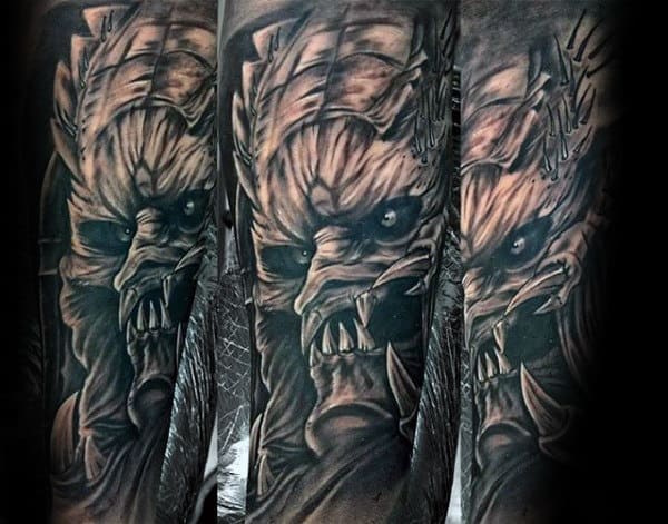 Full Sleeve Angry Alien Vs Predator Mens Tattoo Design Inspiration