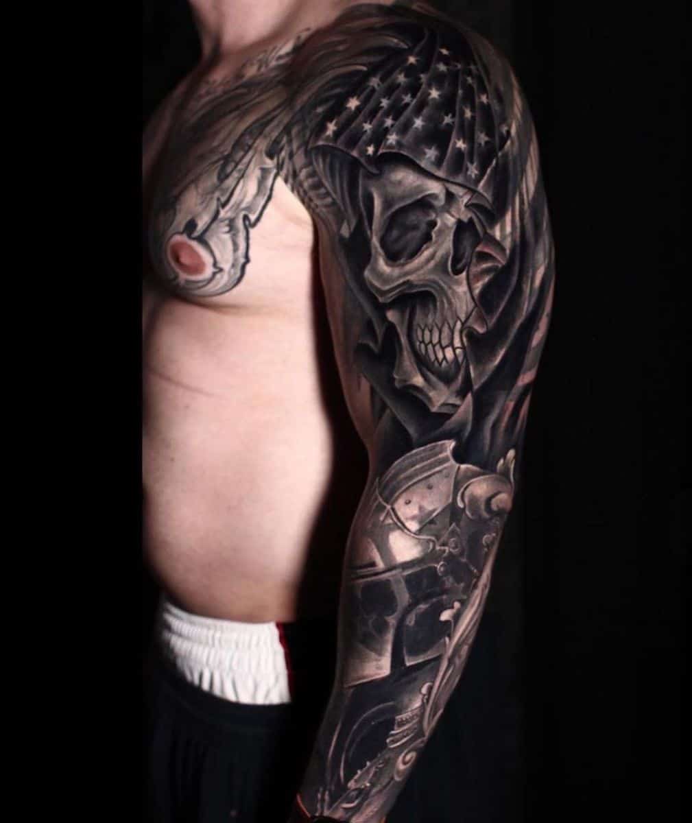 full sleeve black arm tattoo doubleornothingtattoo