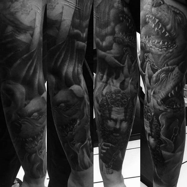 Full Sleeve Cerberus Themed Male Tattoo Designs
