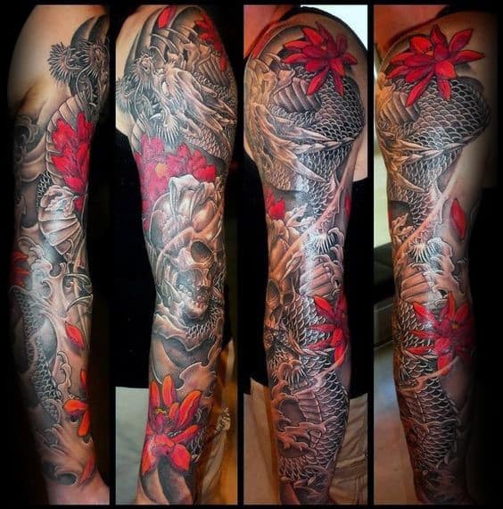 Full Sleeve Chinese Dragon With Flowers Mens Tattoos