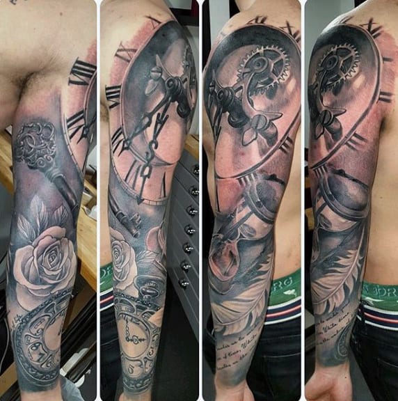 Full Sleeve Clock And Hourglass Tattoos For Men