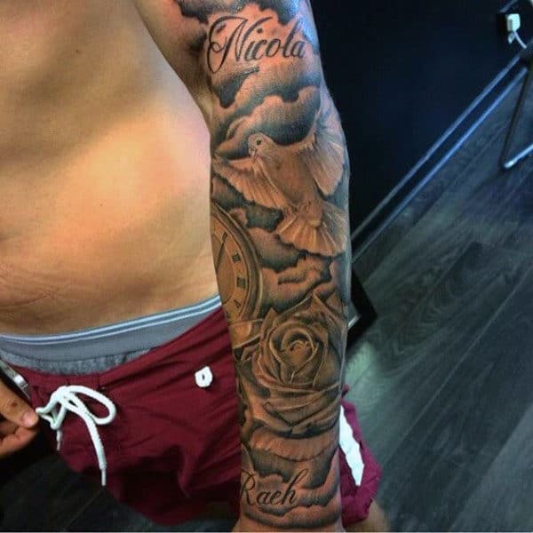 Full Sleeve Dove Flower Tattoos For Men