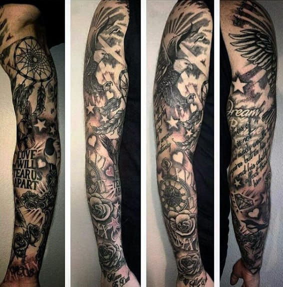 Full Sleeve Dreamcatcher Guys Tattoos With Quote