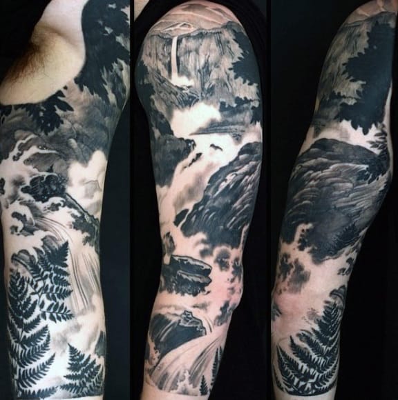 Full Sleeve Flowing Water River Tattoo For Men