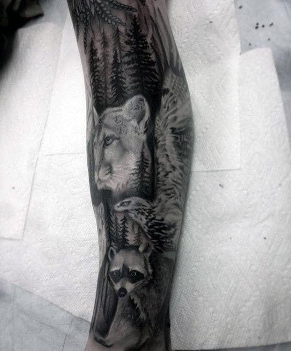 Full Sleeve Forest Raccoon Mens Tattoo Designs