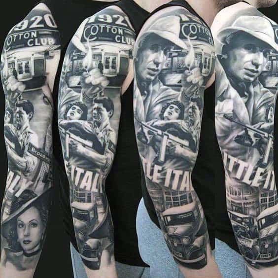 Full Sleeve Gangster Themed Tattoos For Males
