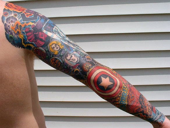 Full Sleeve Guys Captain America Shield Elbow Tattoo