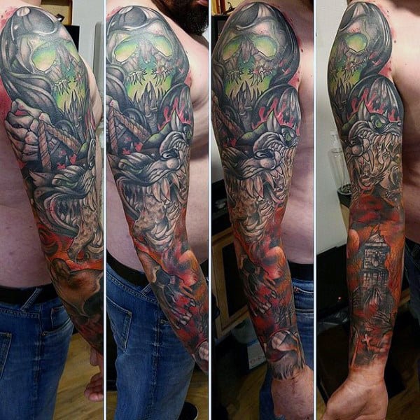 Full Sleeve Guys Cerberus Themed Tattoo Designs