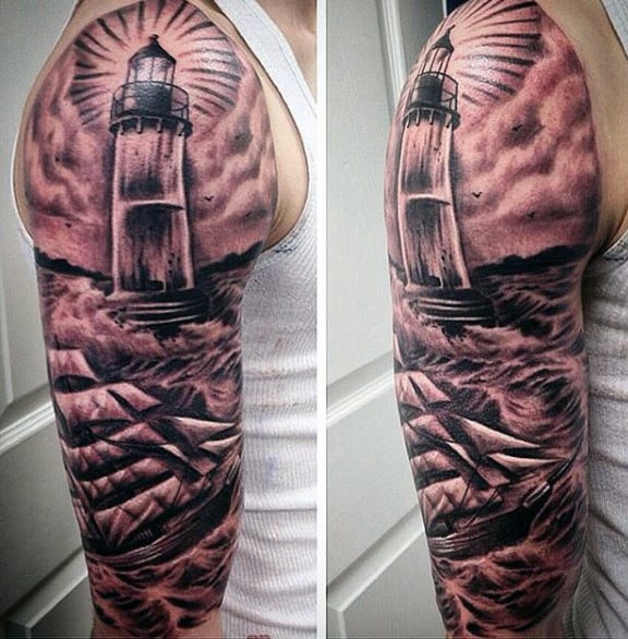 Full Sleeve Guys Lighthouse Storm Tattoo