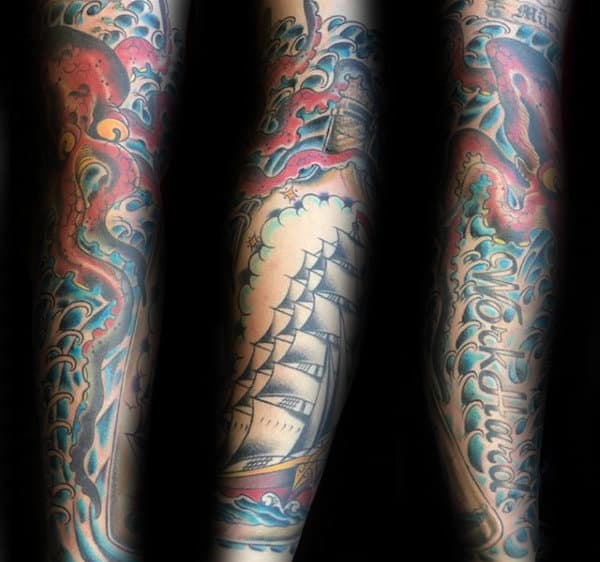 Full Sleeve Guys Nautical Themed Traditional Octopus Tattoo Design Inspiration