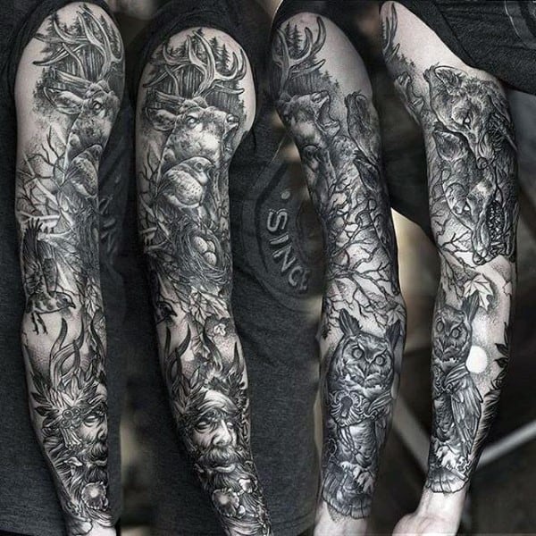 Full Sleeve Guys Woodland Forest Tattoo Ideas