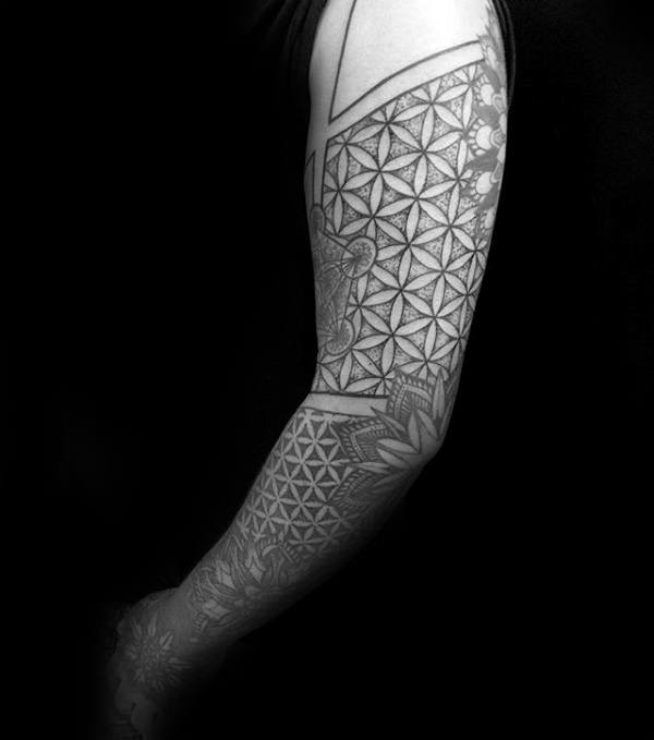 Full Sleeve Male Sacred Geometry Pattern Flower Of Life Tattoos