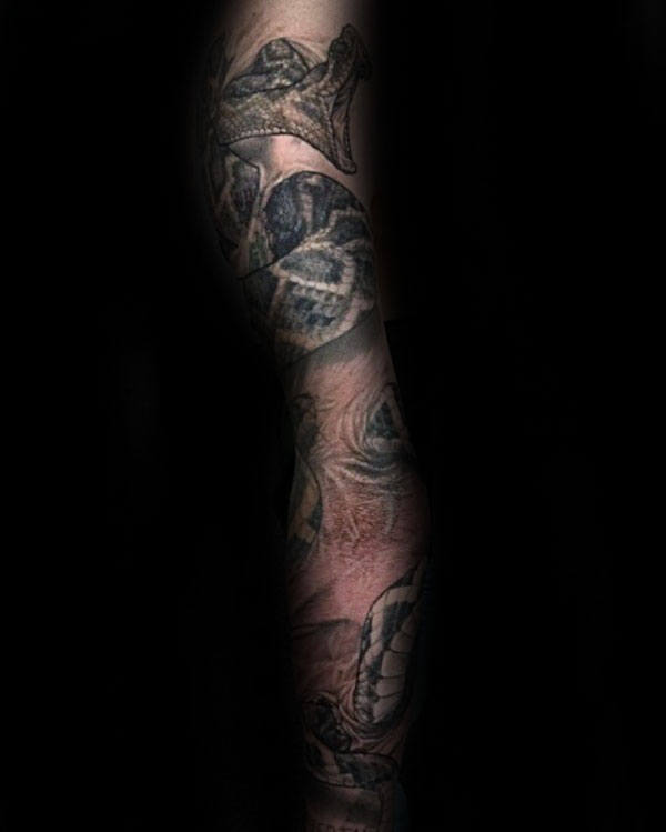 Full Sleeve Male Tattoo With Rattlesnake Design