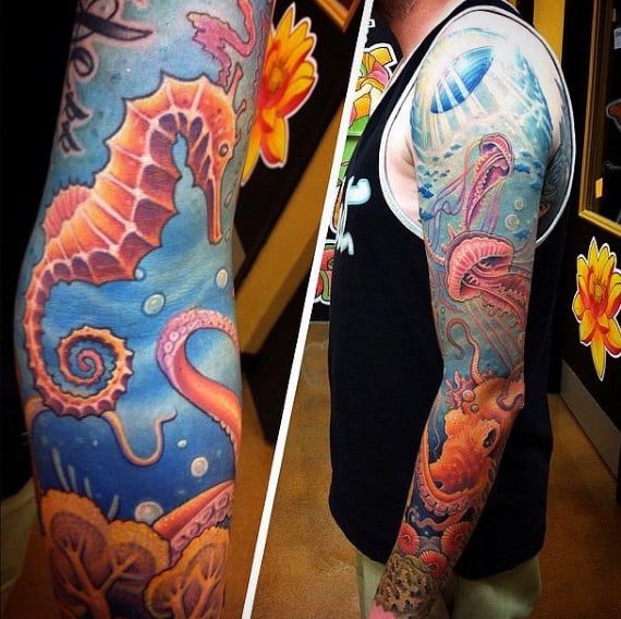 Full Sleeve Male Water Design Tattoos