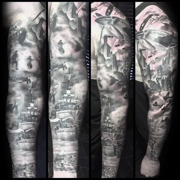 Full Sleeve Male Ww2 Themed Tattoo Designs