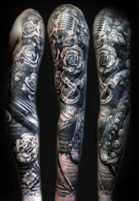 Full Sleeve Mens Music Themed Saxophone Tattoo Designs