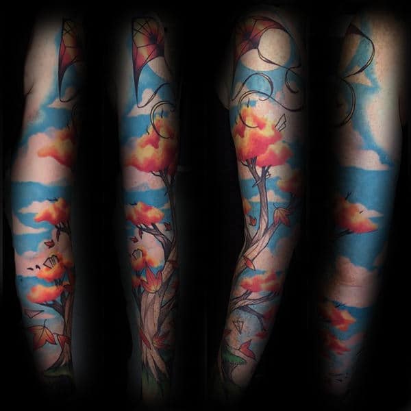 Full Sleeve Mens Paper Airplane Blowing In The Wind Tattoo
