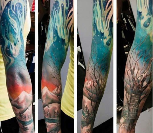 Full Sleeve Nature Northern Lights Male Tattoo Designs