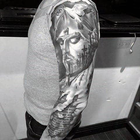 Full Sleeve Optical Illusion Mens Jesus Tattoo With Ripped Skin Bible Verse Design