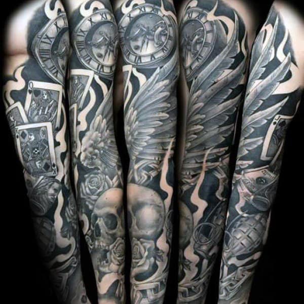 Full Sleeve Playing Card Mens Black And Grey Tattoo Designs