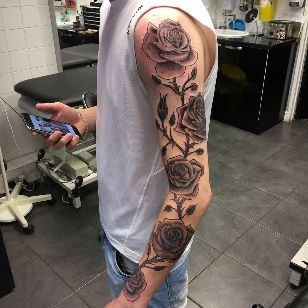 full sleeve rose sleeve tattoos blackskullmotor