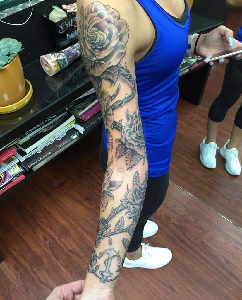 full sleeve rose sleeve tattoos tattoosbyjag_