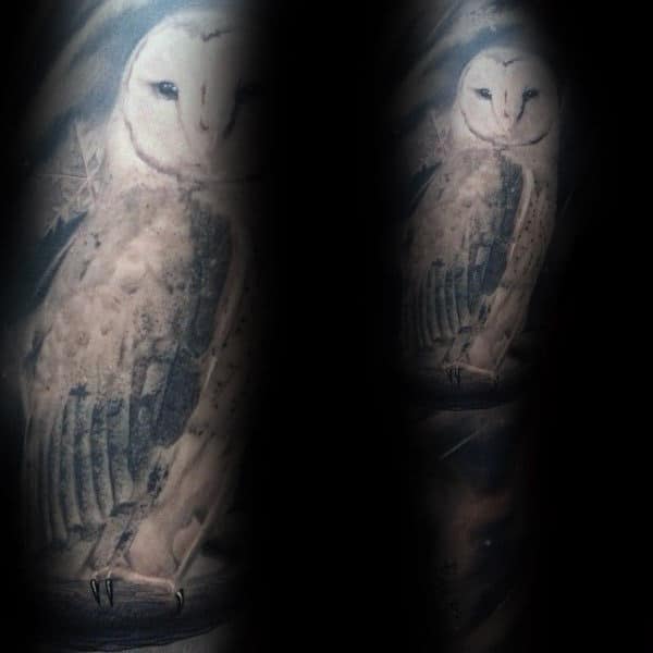 Full Sleeve Shaded Barn Owl On Tree Branch Male Tattoos