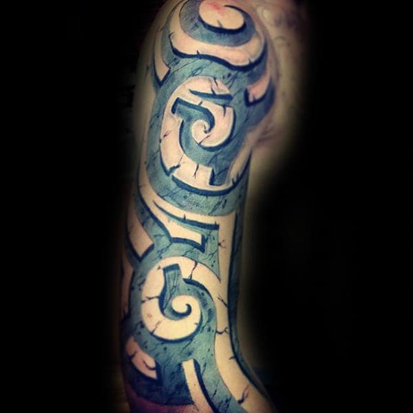 Full Sleeve Stone Tribal Tattoos For Males