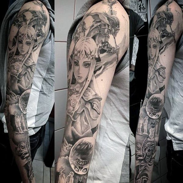 Full Sleeve Tattoo For Men Zelda Design With Black And Grey Shaded Ink