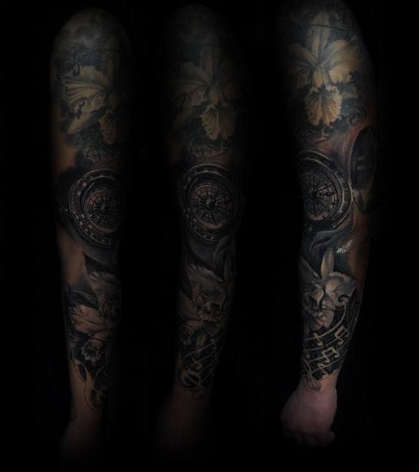Full Sleeve Tattoo Of Orchids Mens Tattoo Ideas