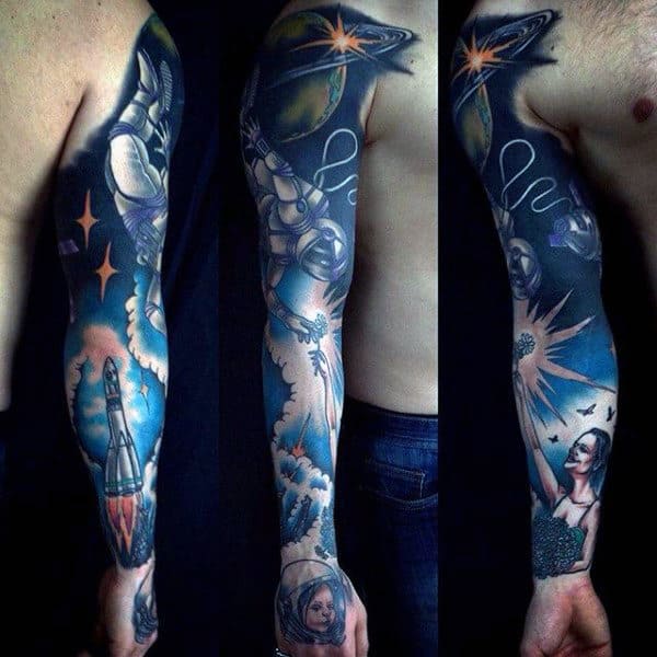 Full Sleeve Tattoo Of Outer Space Guy Male Tattoos