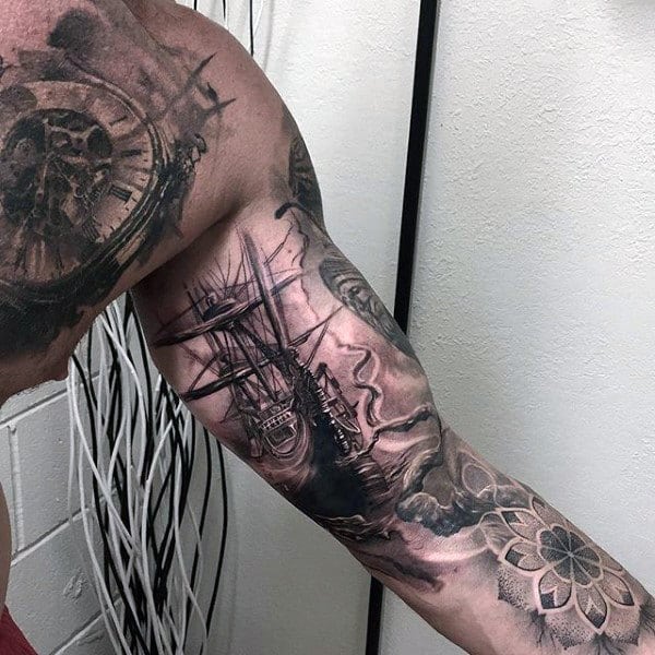 Full Sleeve Traditional Ship Tattoos For Guys