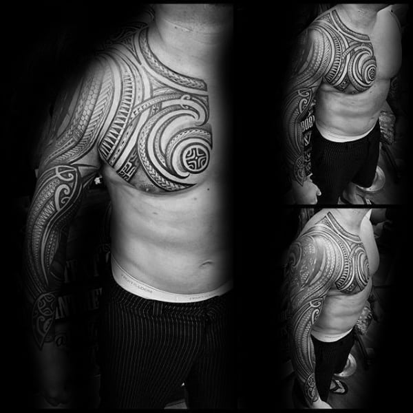 Full Sleeve With Chest Polynesian Male Tribal Tattoo Design Ideas