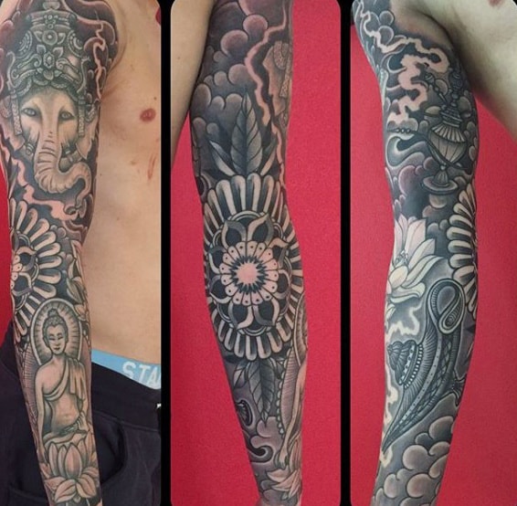 Full Sleeved Elephant God And Buddha Tattoo For Guys