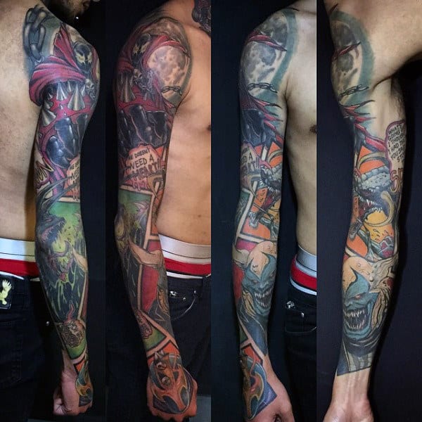 Full Spawn Themed Mens Sleeve Tattoo Ideas