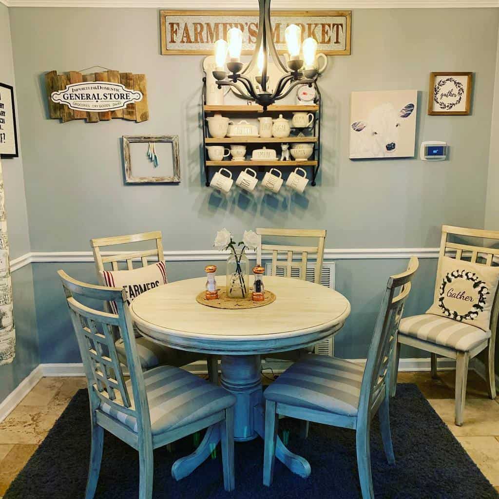 farmhouse style dining room with table and chairs 