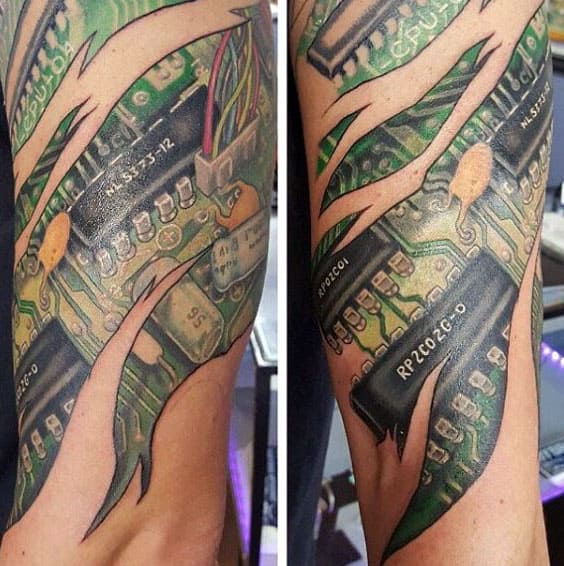 Futuristic Guys Ripped Skin 3d Circuit Board Arm Tattoo