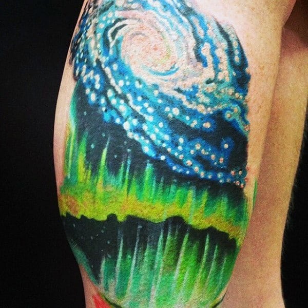 Galaxy Northern Lights Male Leg Calf Tattoo Designs