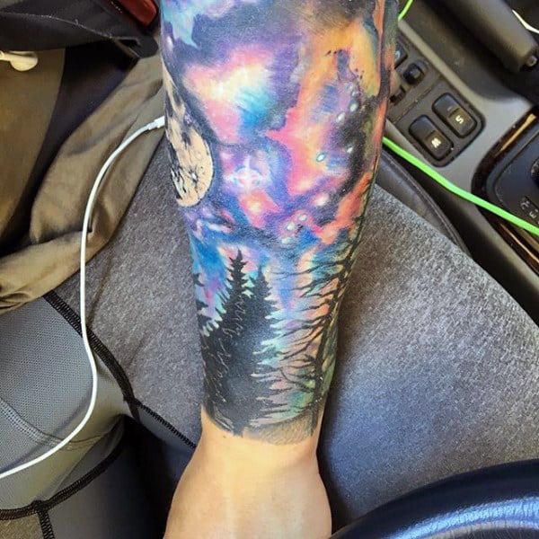 Galaxy Watercolor Tattoo For Men On Forearm