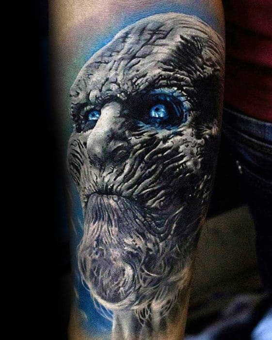 Game Of Thrones Realistic White Walker Forearm Sleeve Tattoo On Men